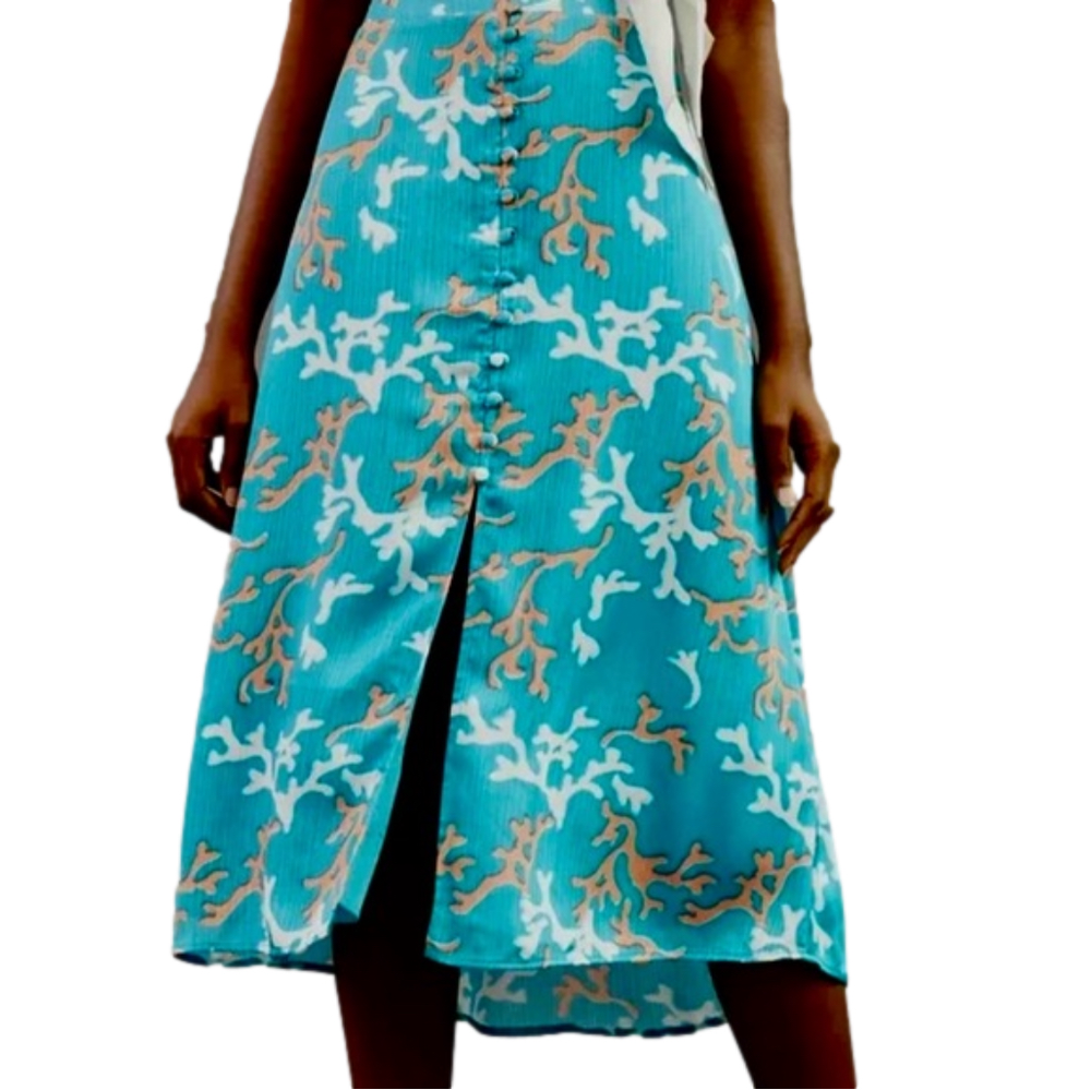 Anthropologie Maeve A-Line Button Front Midi Skirt Size 2 Coral Print Aqua